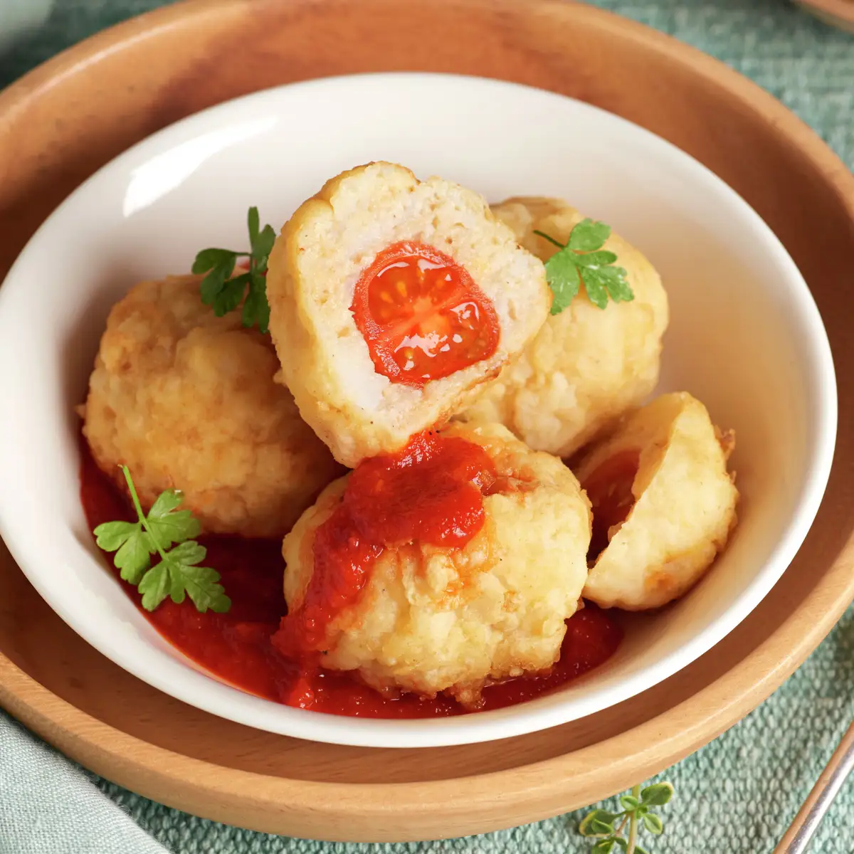 ALBÓNDIGAS DE BACALAO RELLENAS DE TOMATES CHERRY.