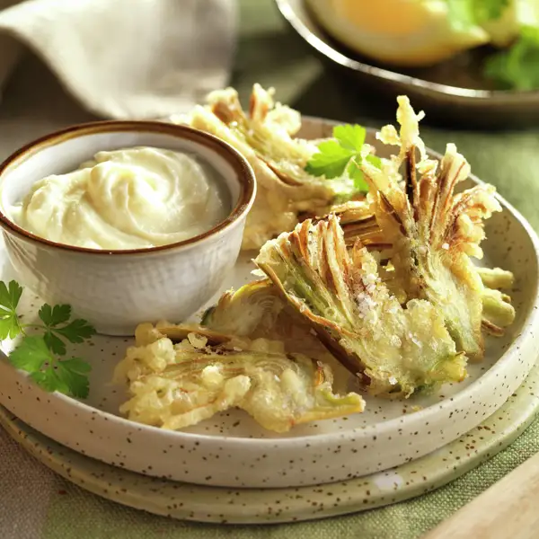 Estas alcachofas fritas en tempura, con salsa de queso, son puro vicio. Crujientes por fuera, tiernas por dentro, ¡irresistibles!