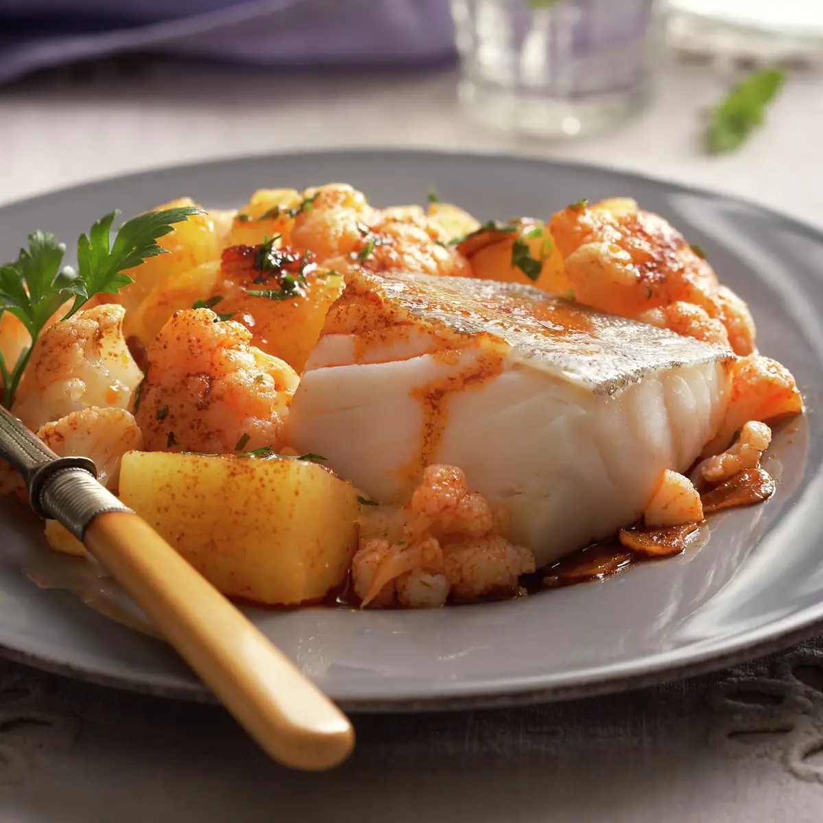 BACALAO A LA GALLEGA CON COLIFLOR.