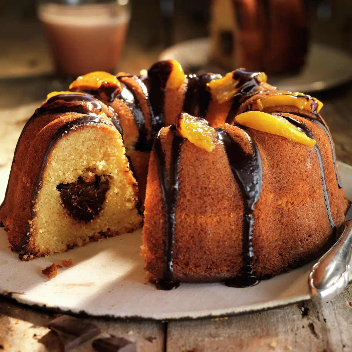 BIZCOCHO RELLENO DE CHOCOLATE CON ALBARICOQUES EN ALMÍBAR