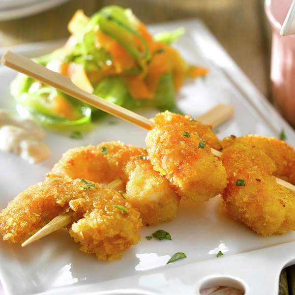 LANGOSTINOS REBOZADOS CON VERDURAS. 