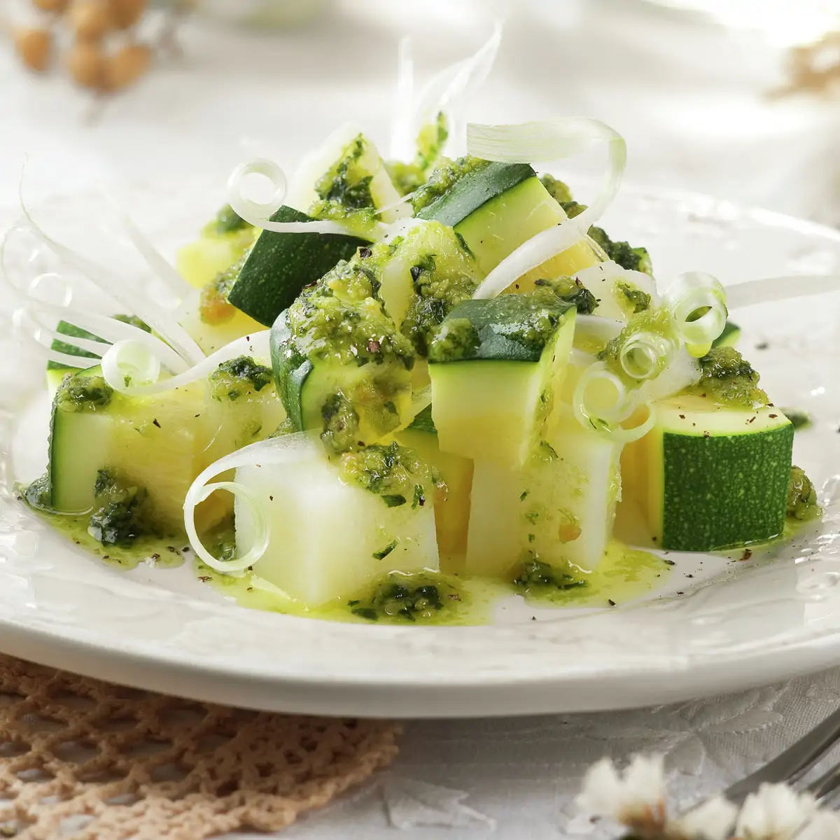 PATATAS CON CALABACÍN Y SALSA DE ALBAHACA.