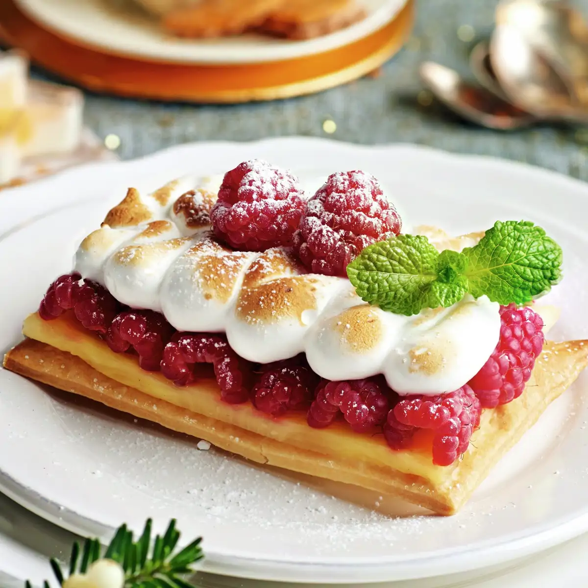 Postre navideño de piña braseada, frambuesas y merengue, con pasta brisa