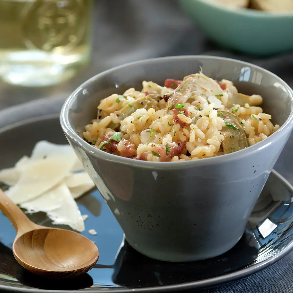 RISOTTO DE ALCACHOFA Y BEICON. 