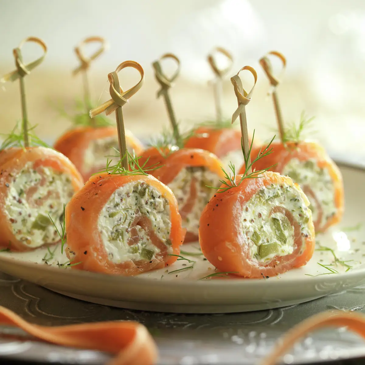 ROLLITOS DE SALMÓN CON QUESO, MOSTAZA Y ENCURTIDOS.