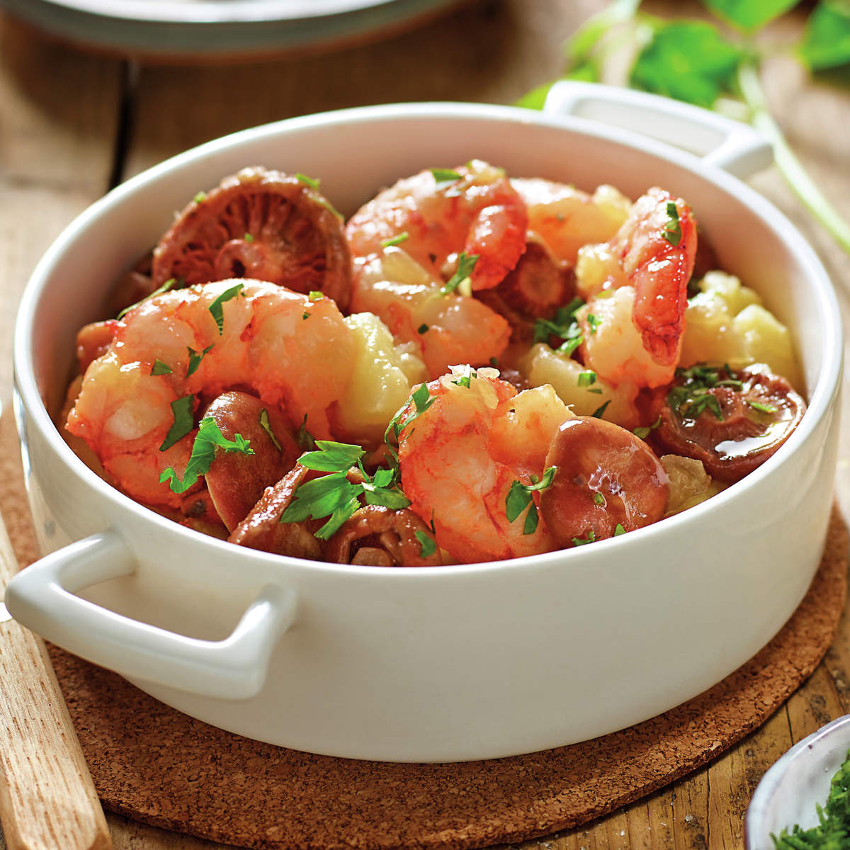 GUISO AROMÁTICO DE GAMBAS, PATATAS Y NÍSCALOS