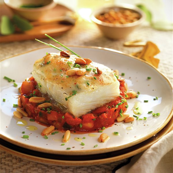 Grilled cod gratin with garlic mousseline and ratatouille