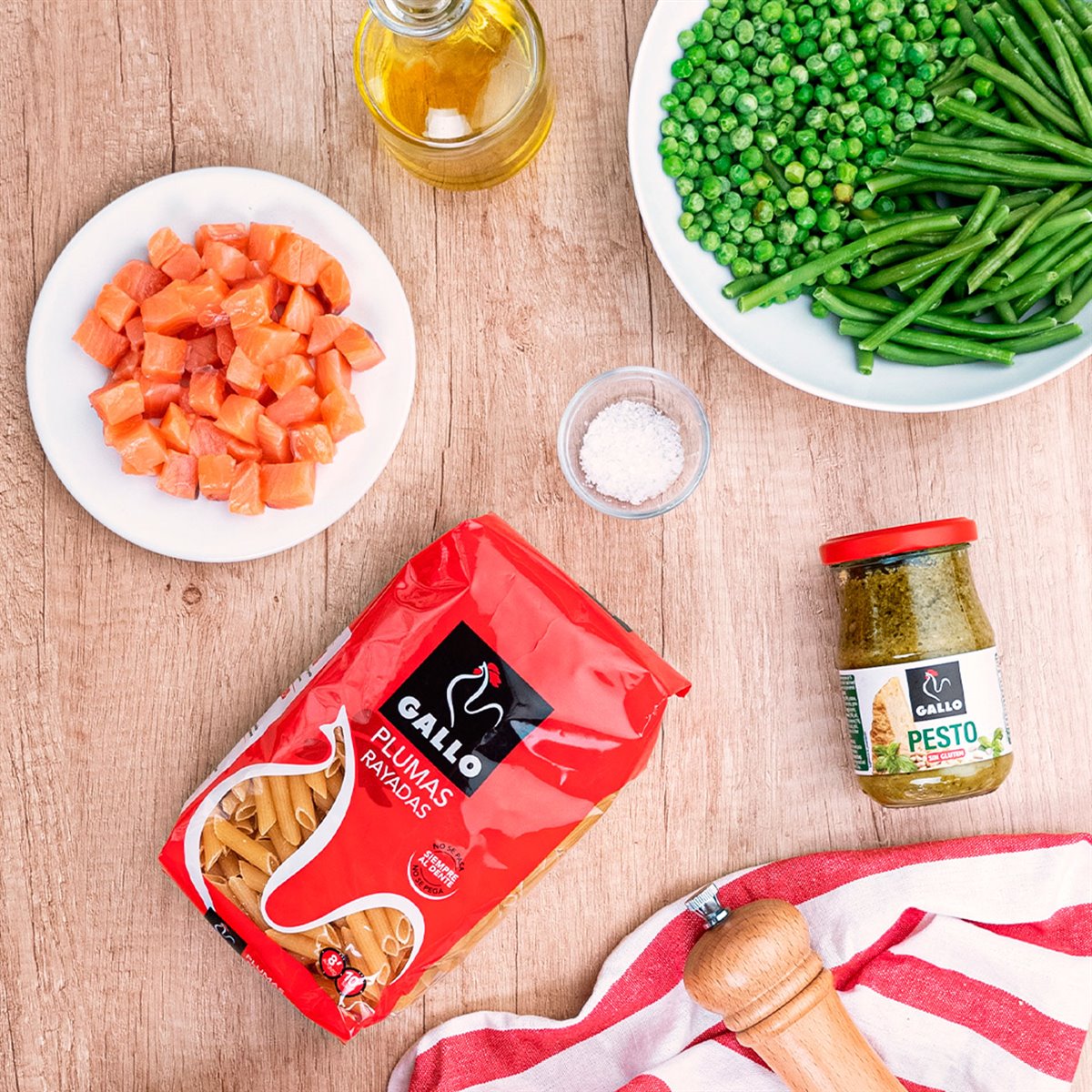 Ingredientes pasta con salmón y judías verdes Gallo