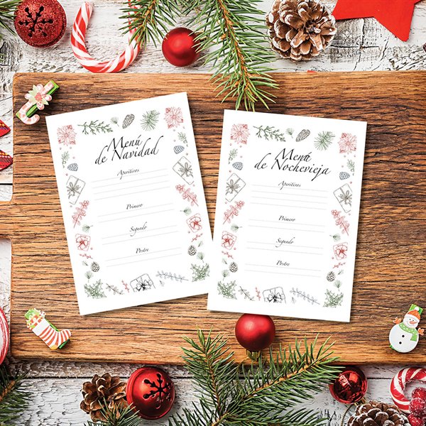 Plantilla descargable (gratis) para escribir tus menús de Navidad y decorar la mesa