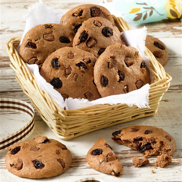 COOKIES DE CACAO CON PASAS Y CHOCOLATE.