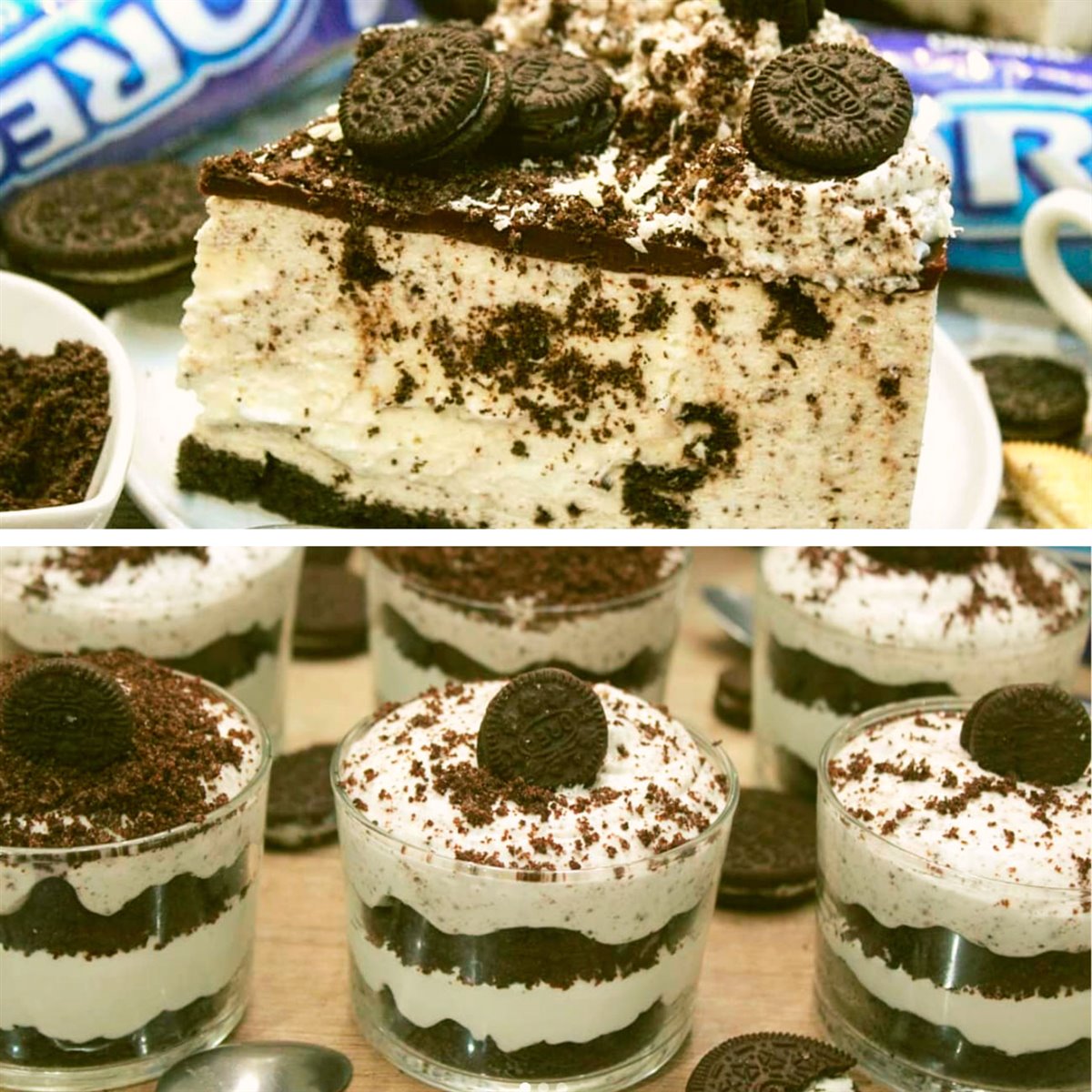 Cheesecake de galletas Oreo y queso Philadelphia de  @reposteritobuscaesposo: en versión tarta y en vasito