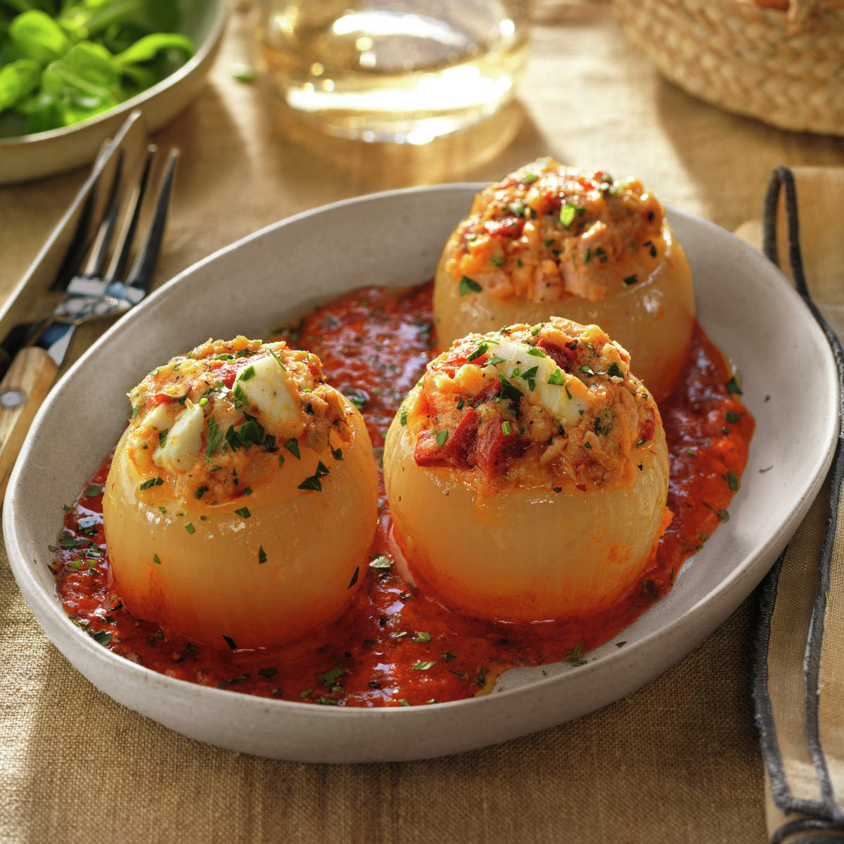 CEBOLLAS RELLENAS DE BONITO CON SALSA DE TOMATE