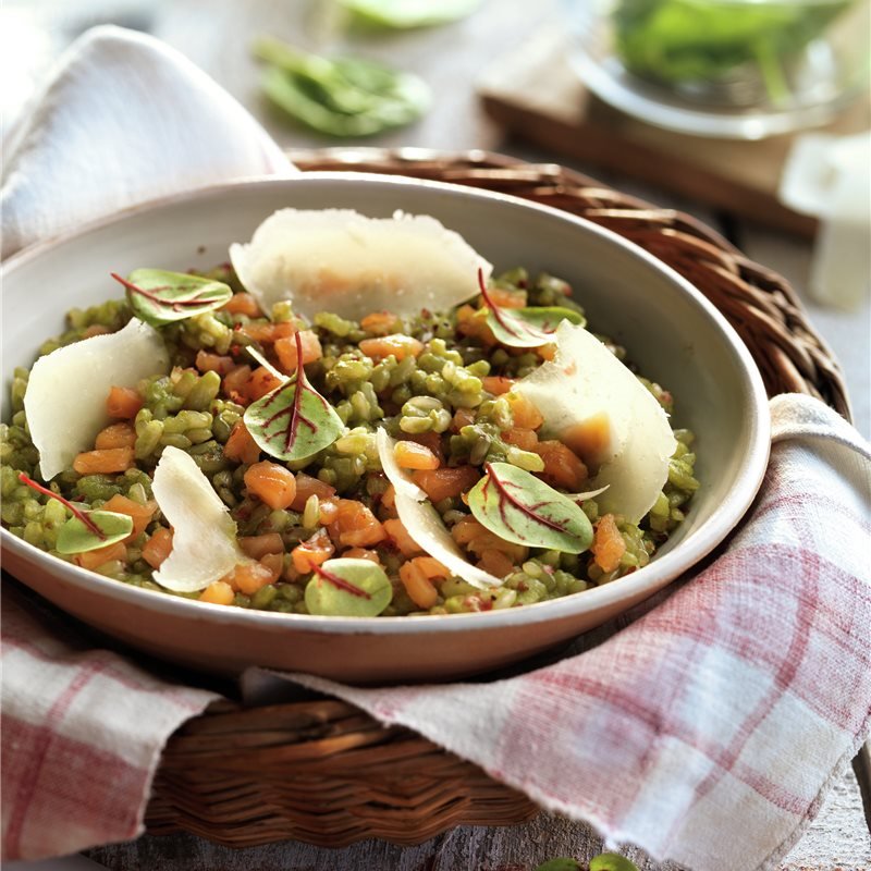 arroz con espinacas y guisantes