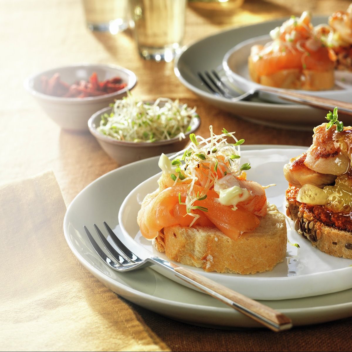 pincho_de_salmon_ahumado_izq_y_tosta_de_pollo_y_pesto_rojo