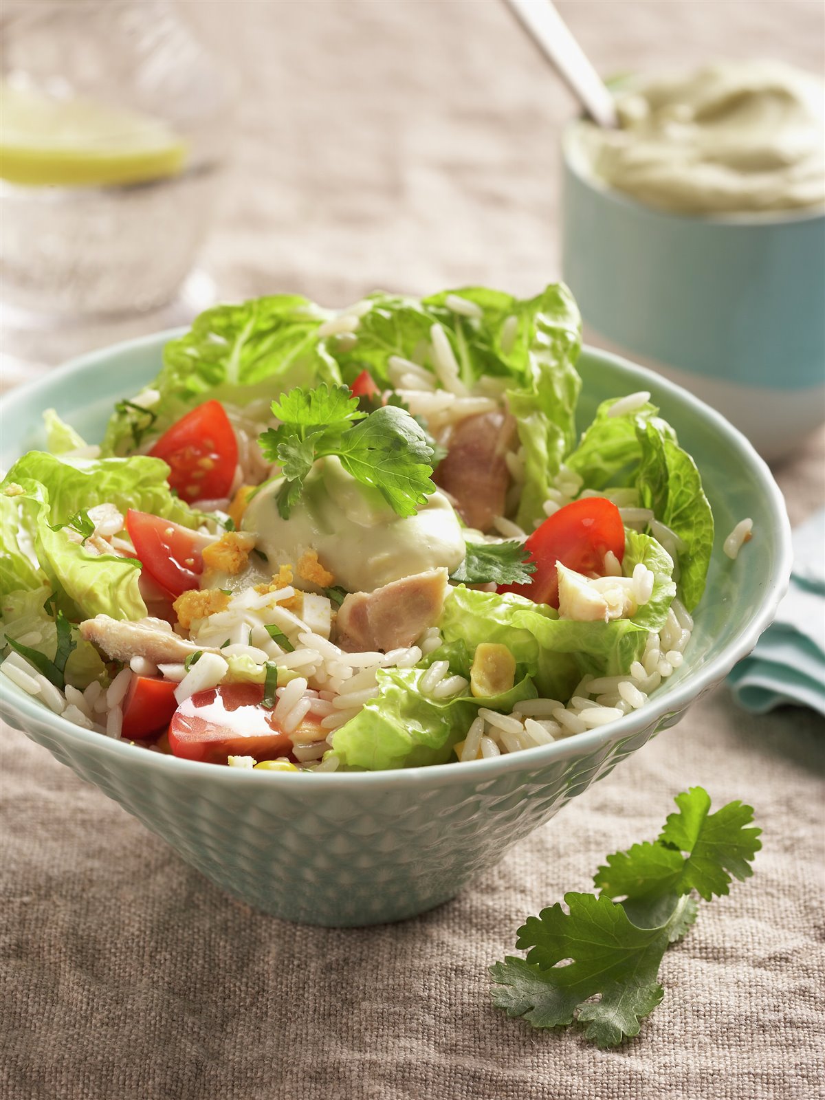 ENSALADA DE ARROZ CON POLLO Y MAYONESA DE AGUACATE.