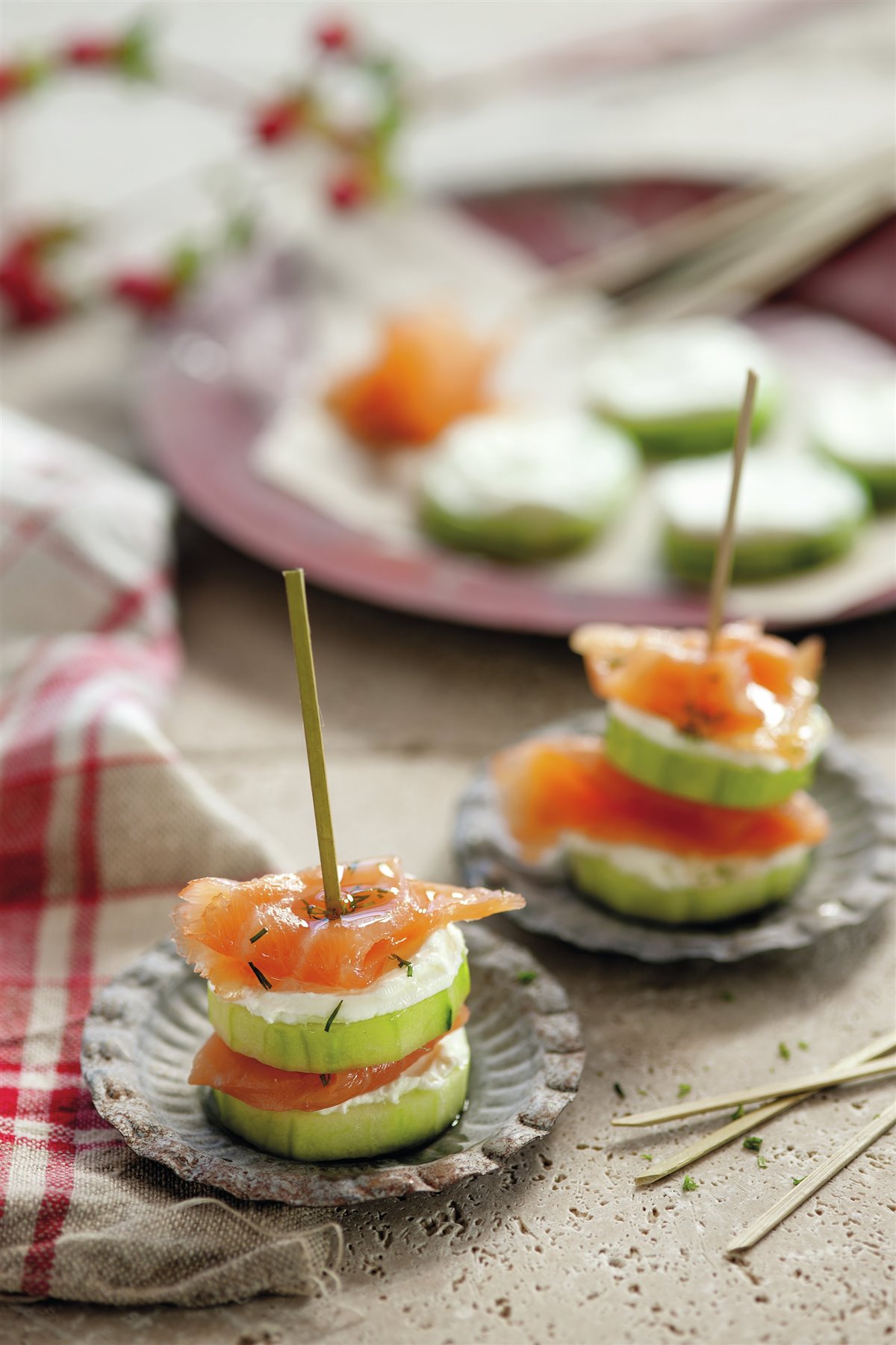 TORRES DE SALMÓN, PEPINO Y QUESO.