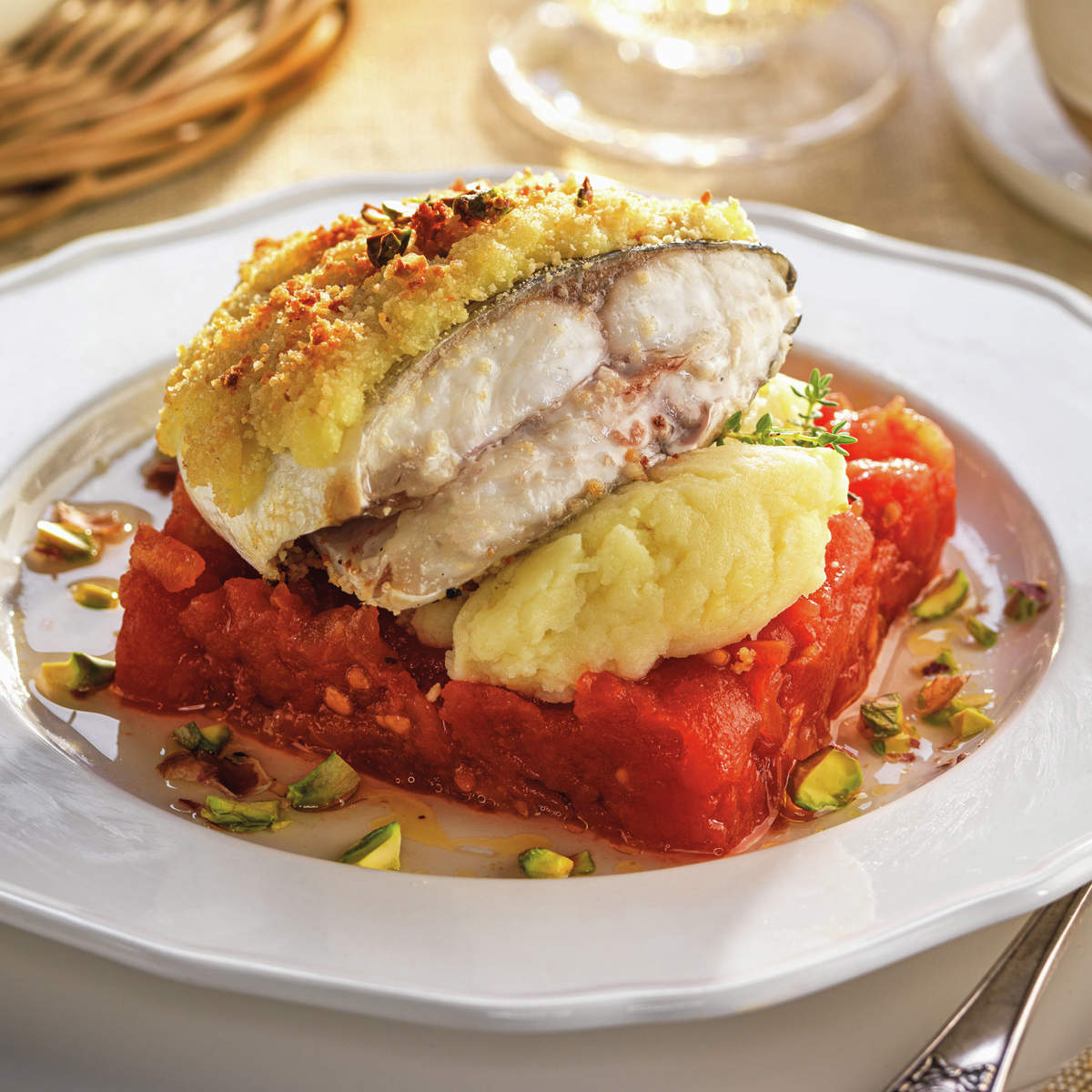 Dorada con costra y puré de patata sobre compota de tomate