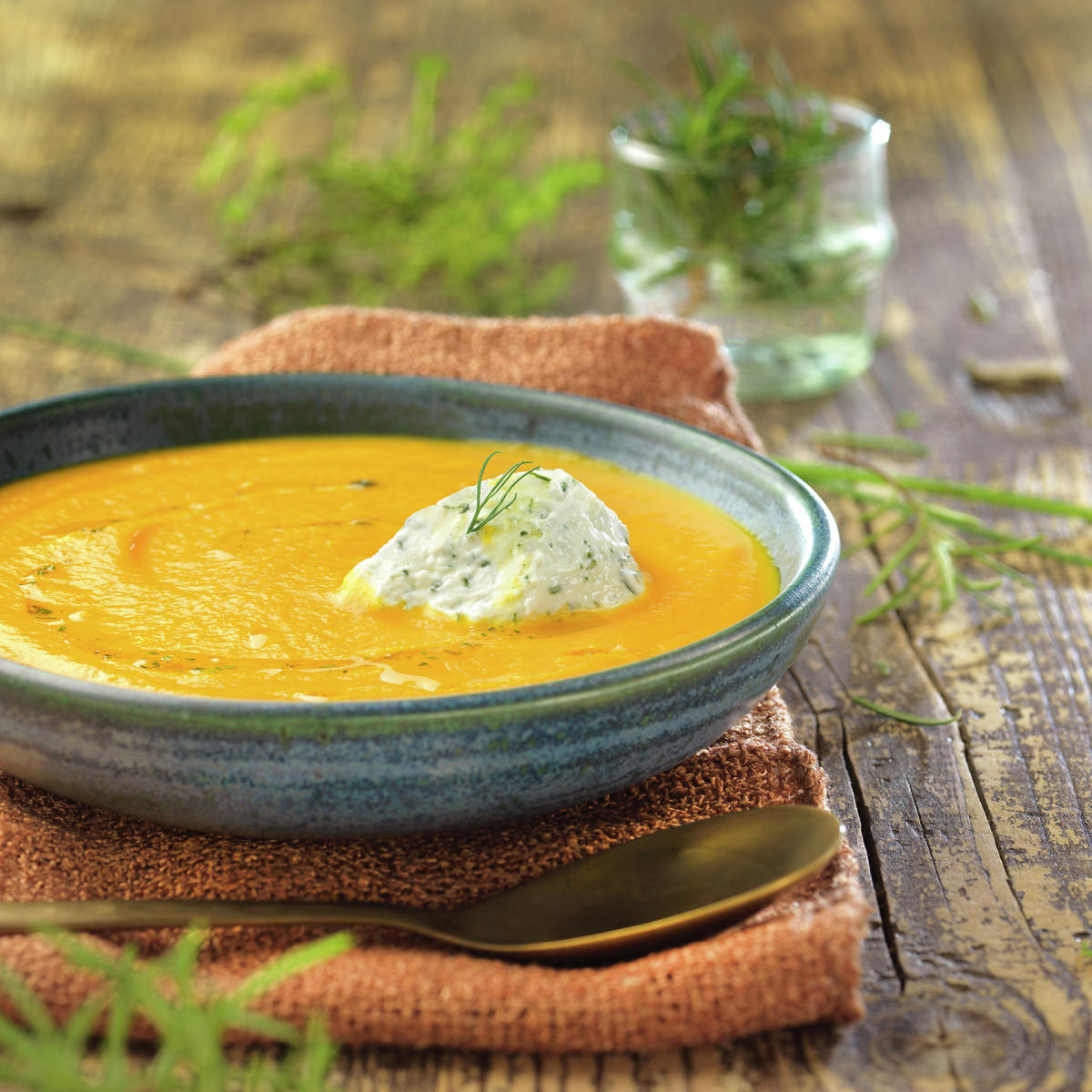 Crema de zanahorias con queso a las finas hierbas