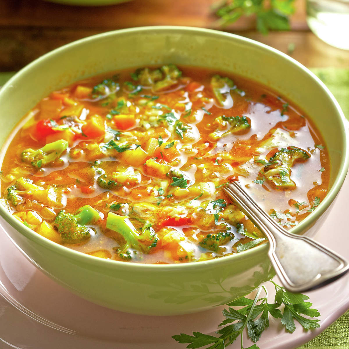 Sopa con calabacín, brócoli y arroz integral