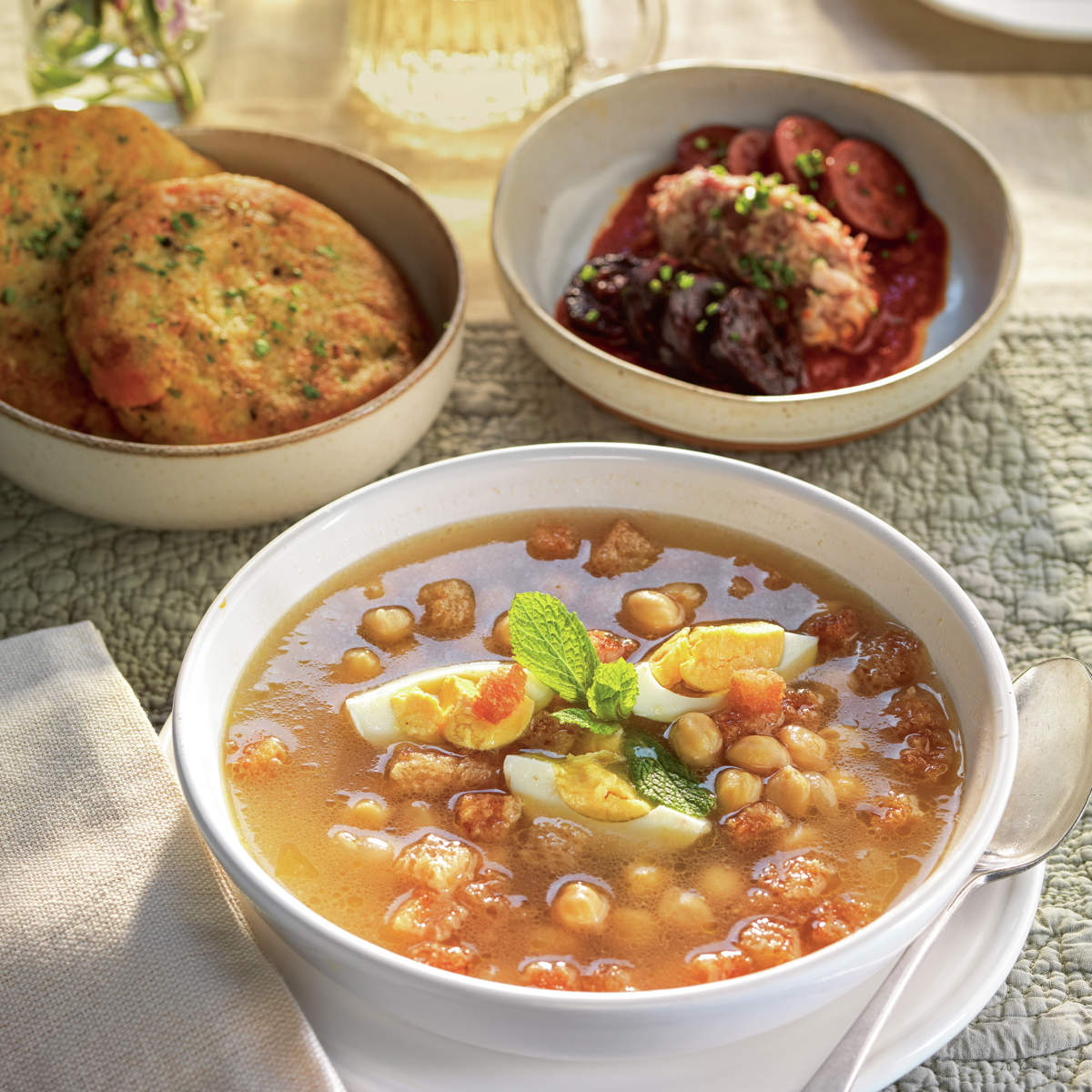 Puchero de garbanzos con huevos duros y picatostes