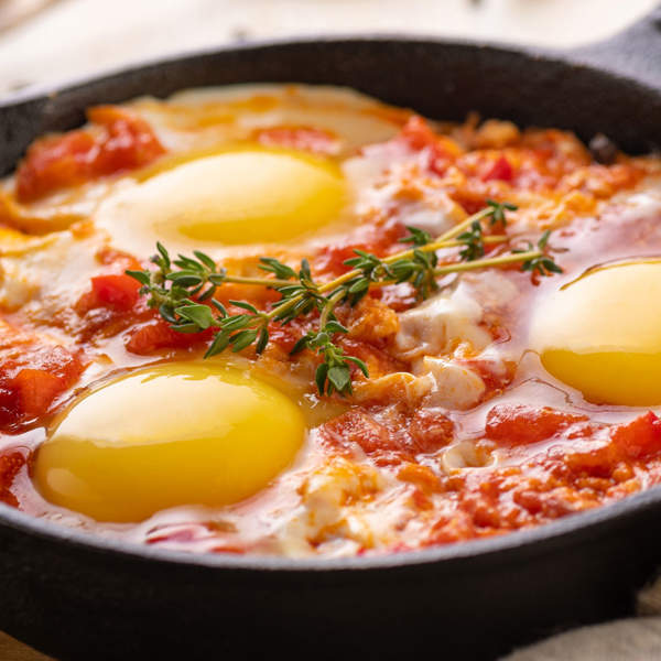 Cena fácil y completa con huevos, salsa de tomate y pimientos