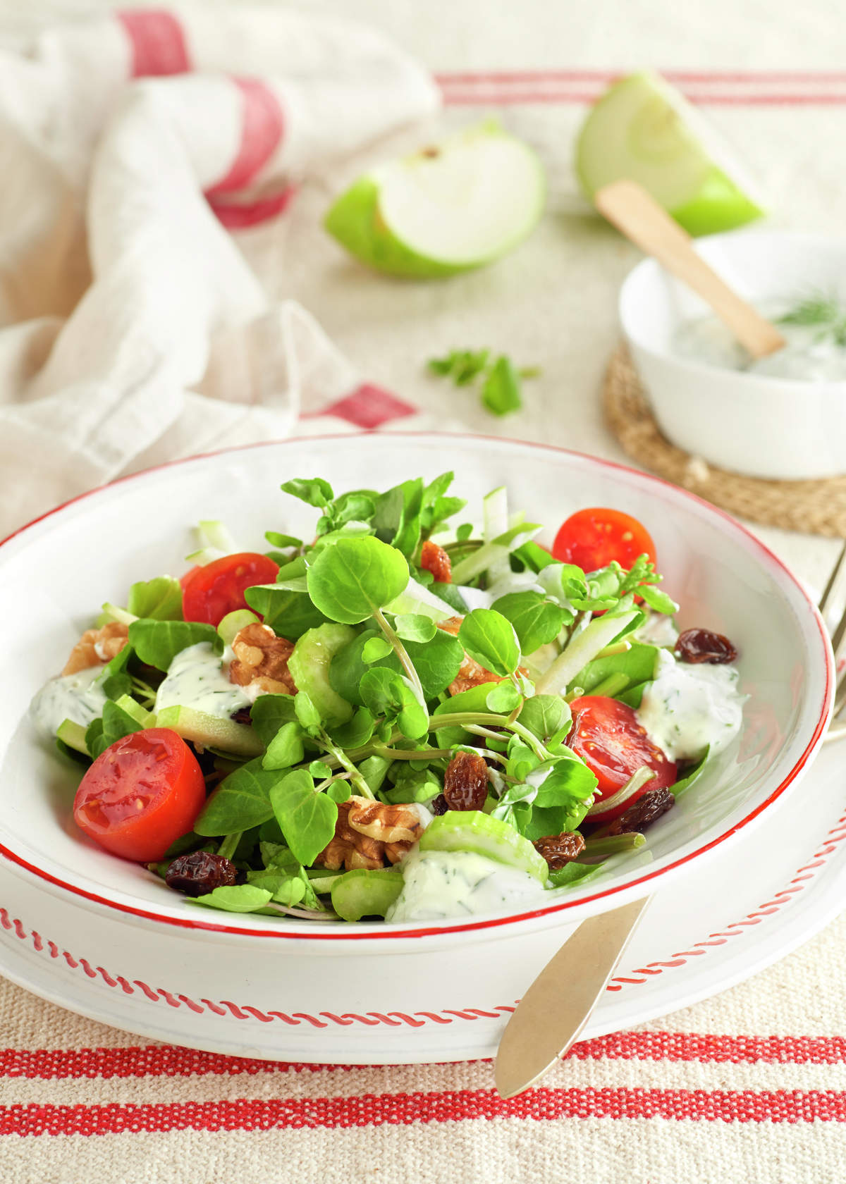 ENSALADA DE BERROS CON MANZANA Y SALSA DE YOGUR.