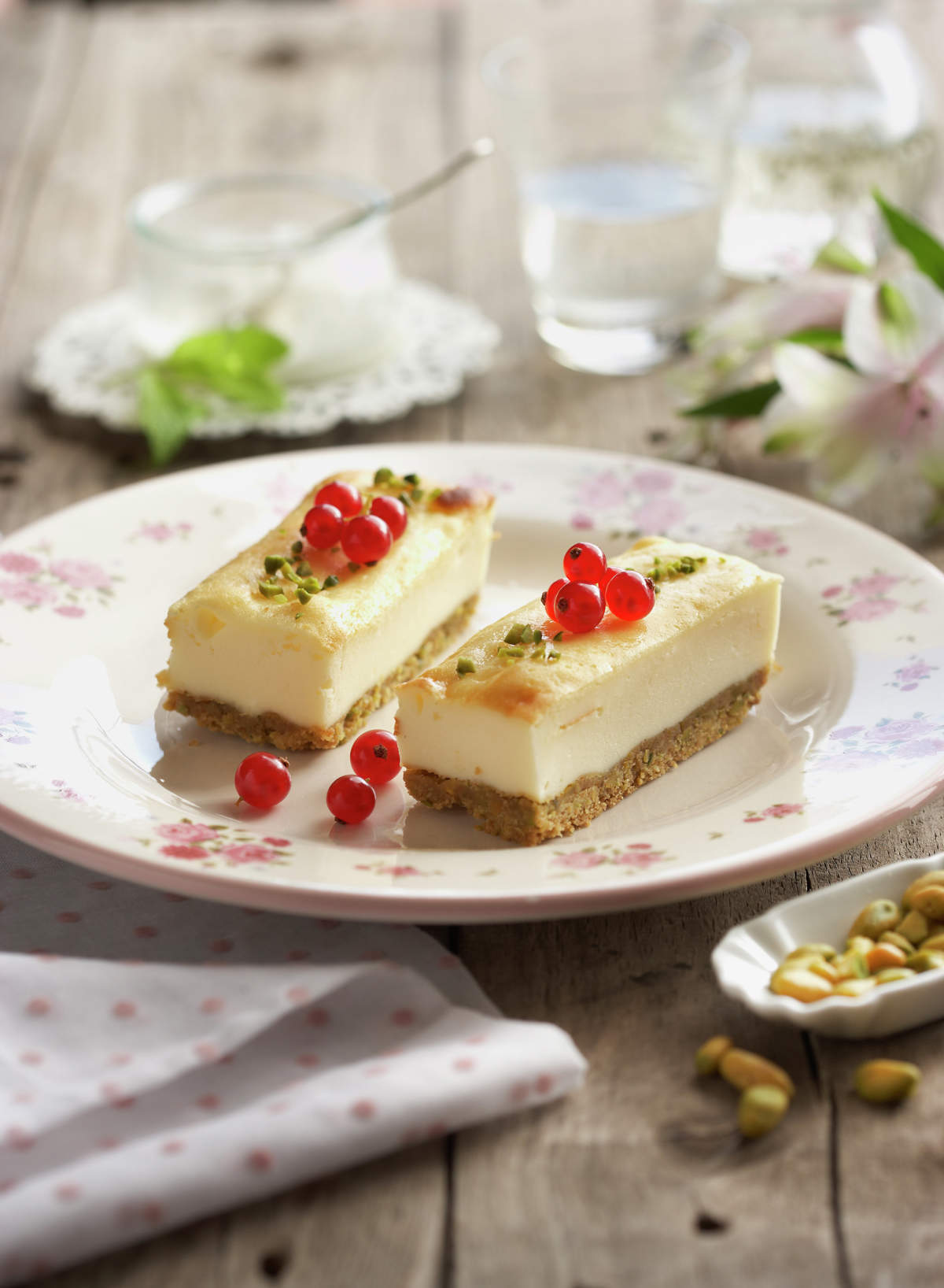 Tarta de yogur con pistachos