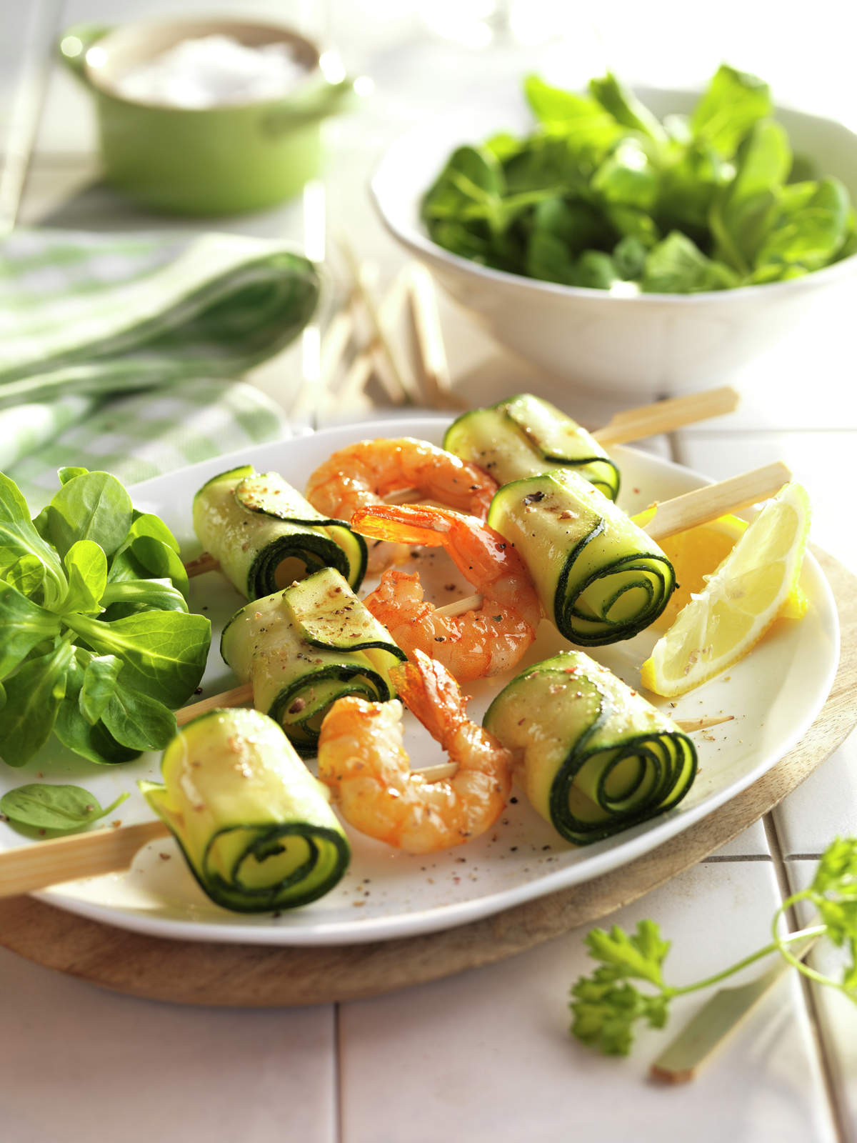 BROCHETAS DE LANGOSTINOS CON CALABACÍN.