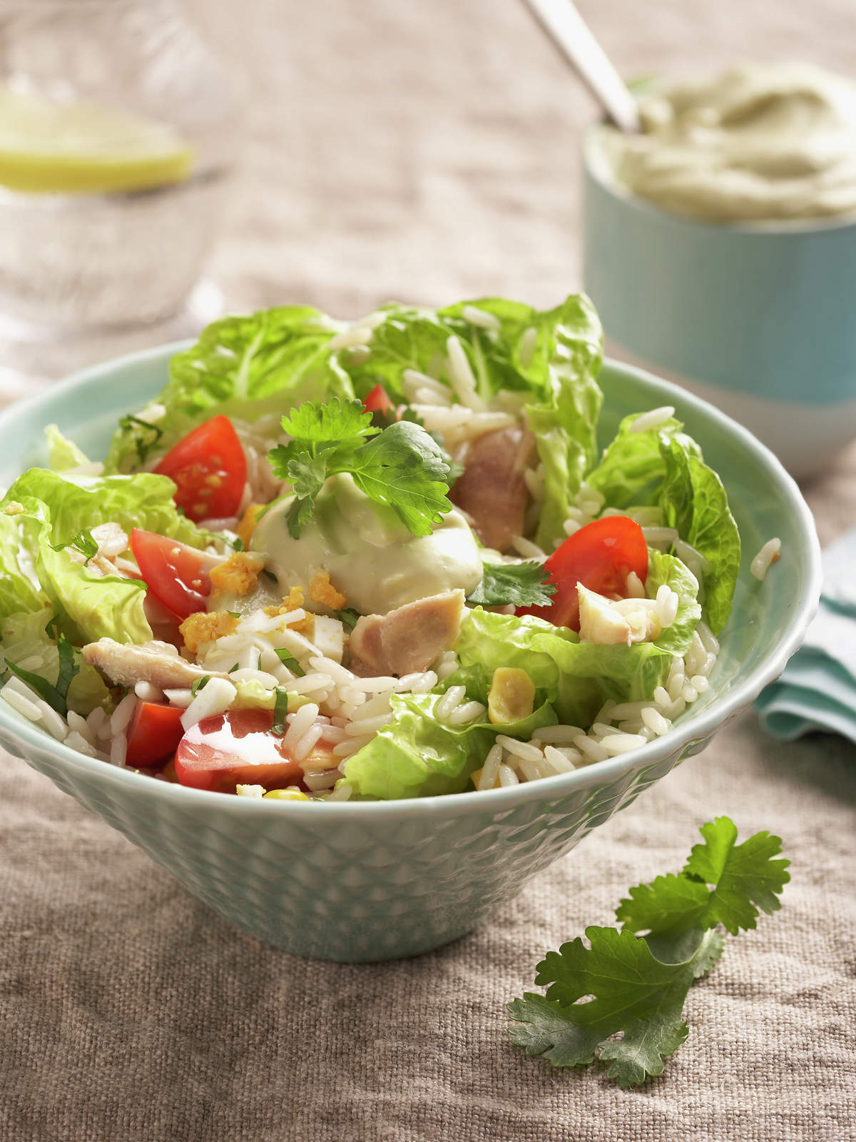 ENSALADA DE ARROZ CON POLLO Y MAYONESA DE AGUACATE.