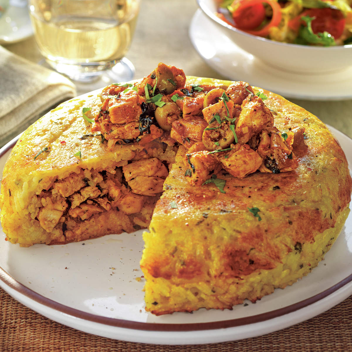 Tarta de arroz y pollo salteado