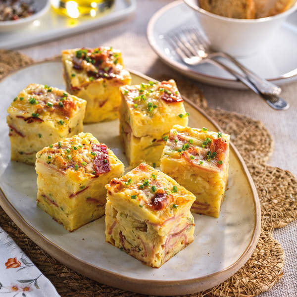 Tortilla de patata, cebolla, queso y beicon ¡al horno!