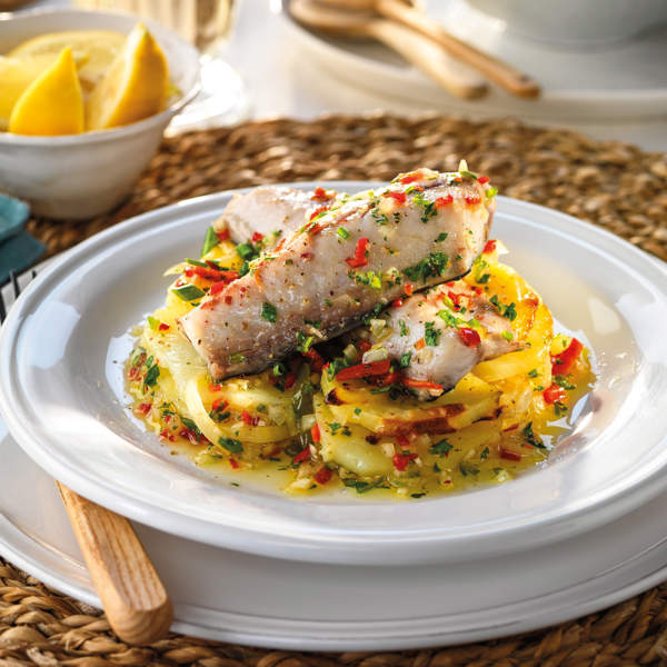 Caballa al horno con patatas al vino blanco, un plato barato y riquísimo