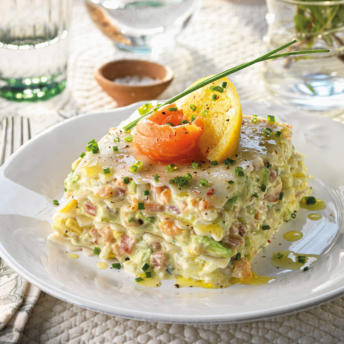 Lasaña de aguacate y salmón ahumado 