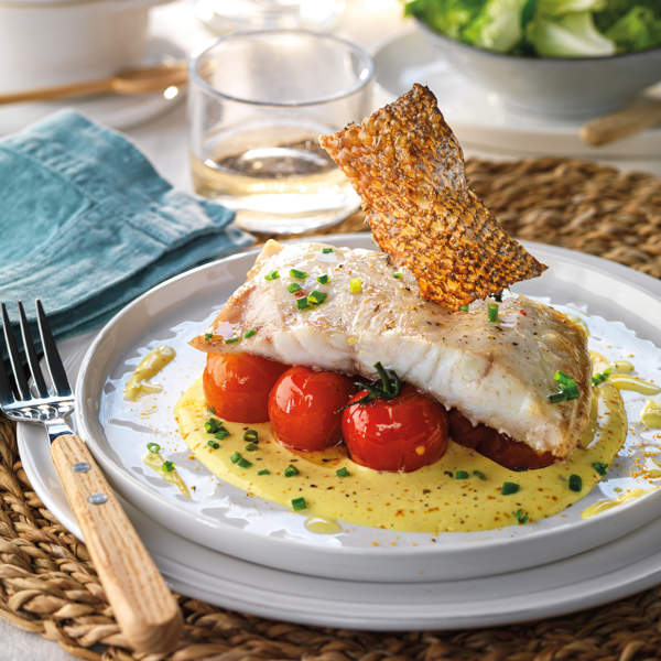 Corvina a la sal con tomatitos y salsa de curry