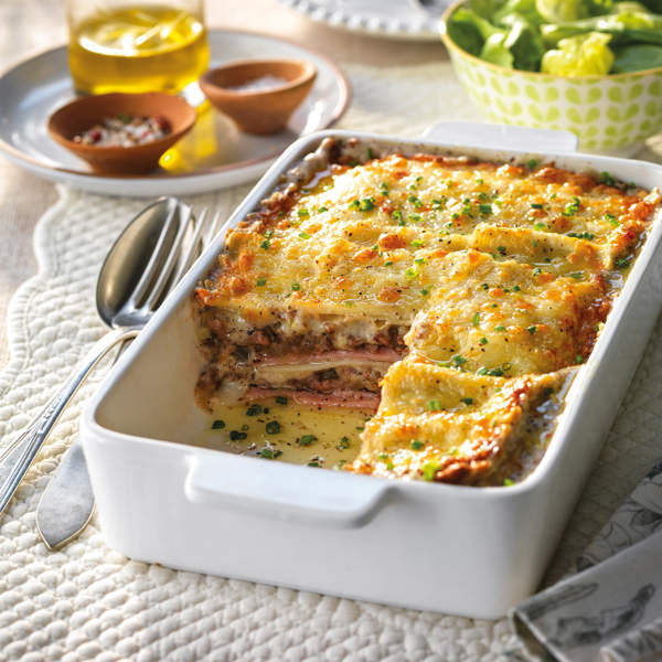 Lasaña trufada de carne picada y jamón 