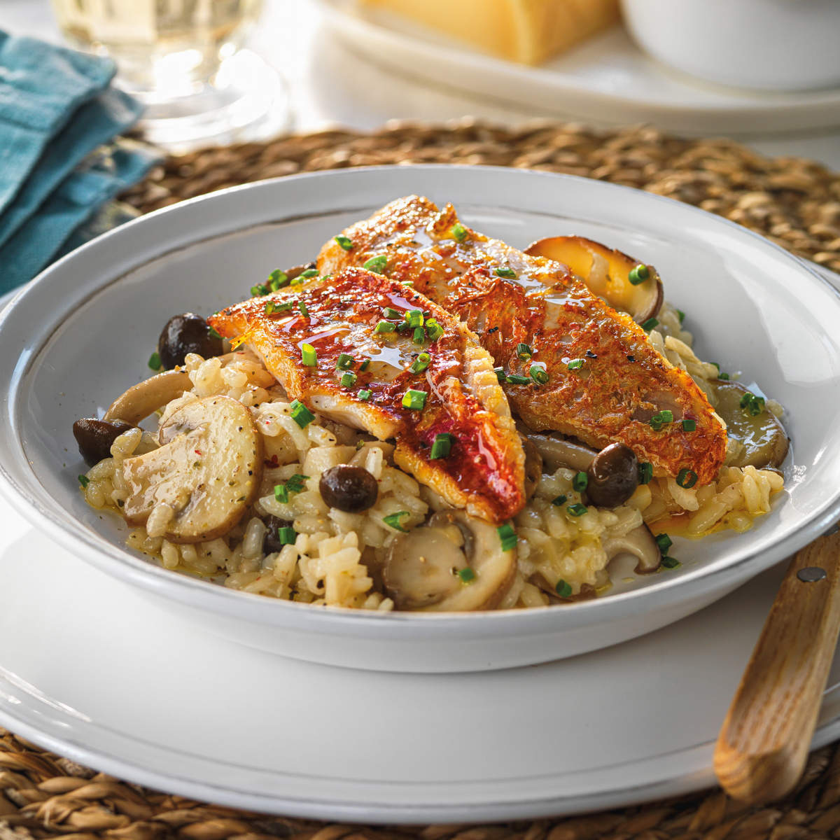 Salmonetes a la plancha con risotto de setas 