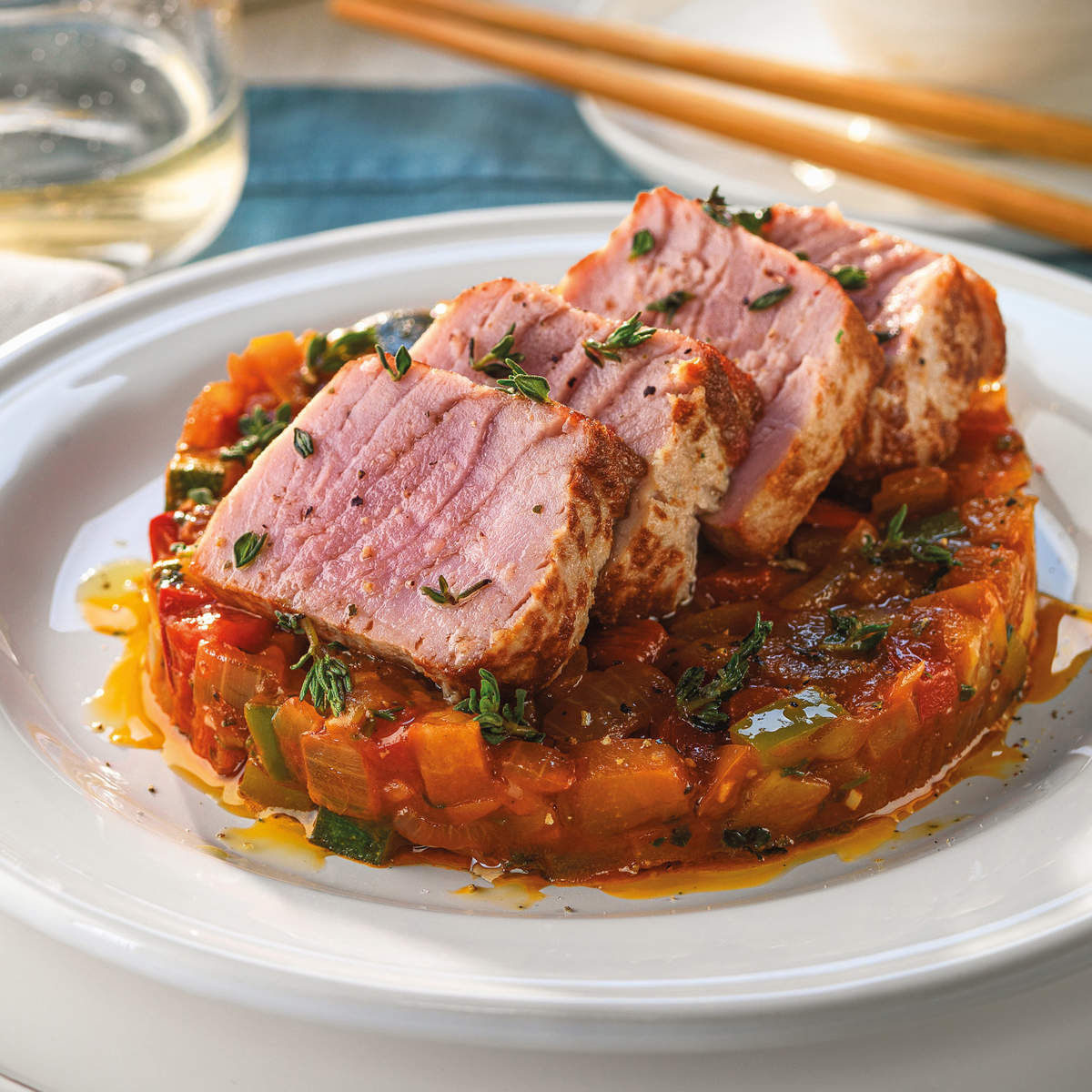 Tataki de atún sobre timbal de pisto