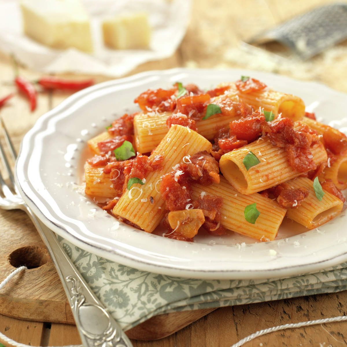 Macarrones con tomate y beicon