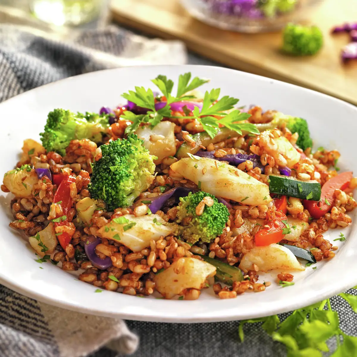 Wok de arroz integral con verduras y bacalao