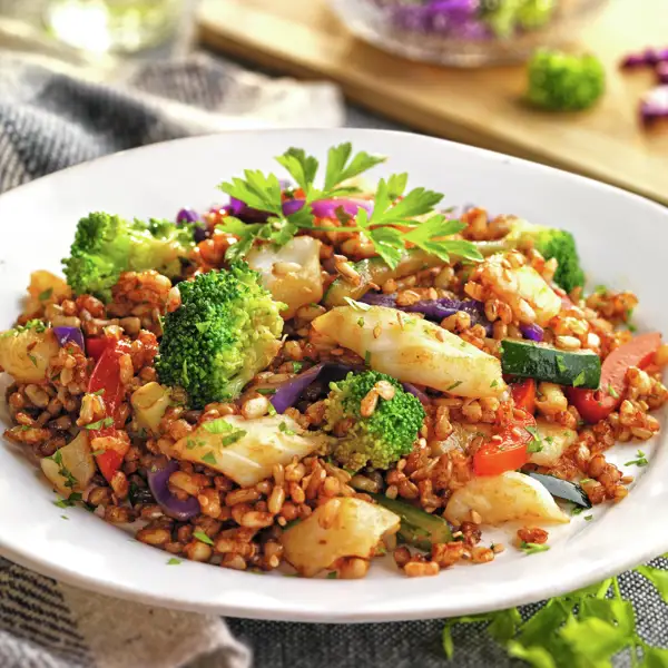 Wok de verduras con bacalao y arroz integral, un plato completo y saludable