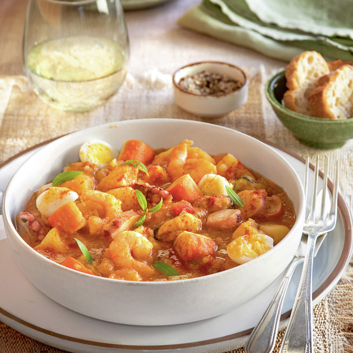 Caldereta de marisco con huevo y patatas