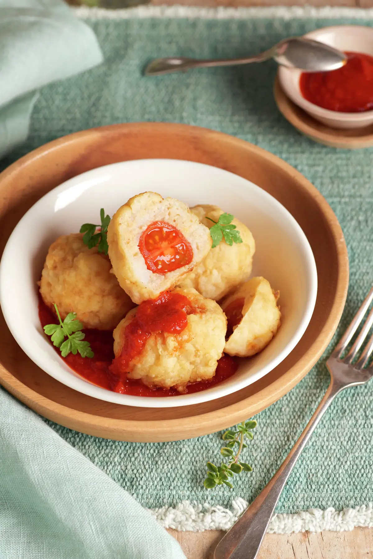 ALBÓNDIGAS DE BACALAO RELLENAS DE TOMATES CHERRY.