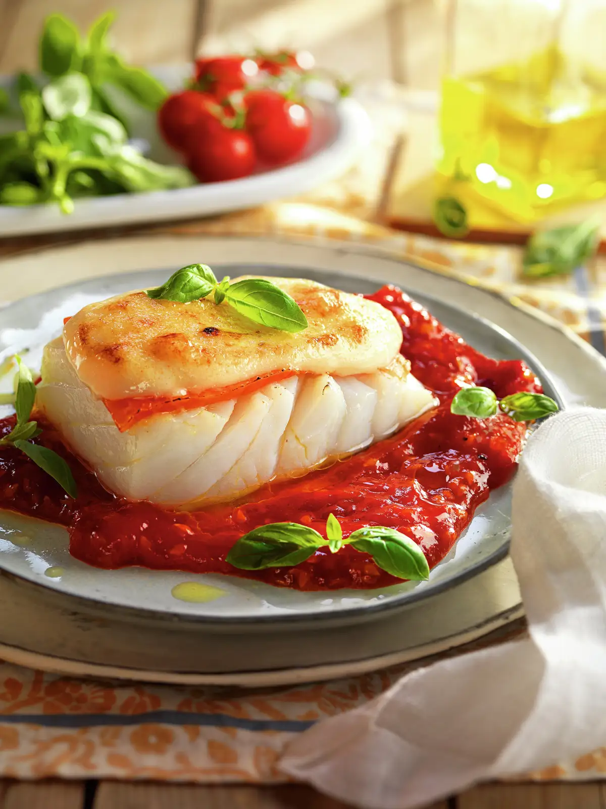 Bacalao con muselina y mermelada de tomate