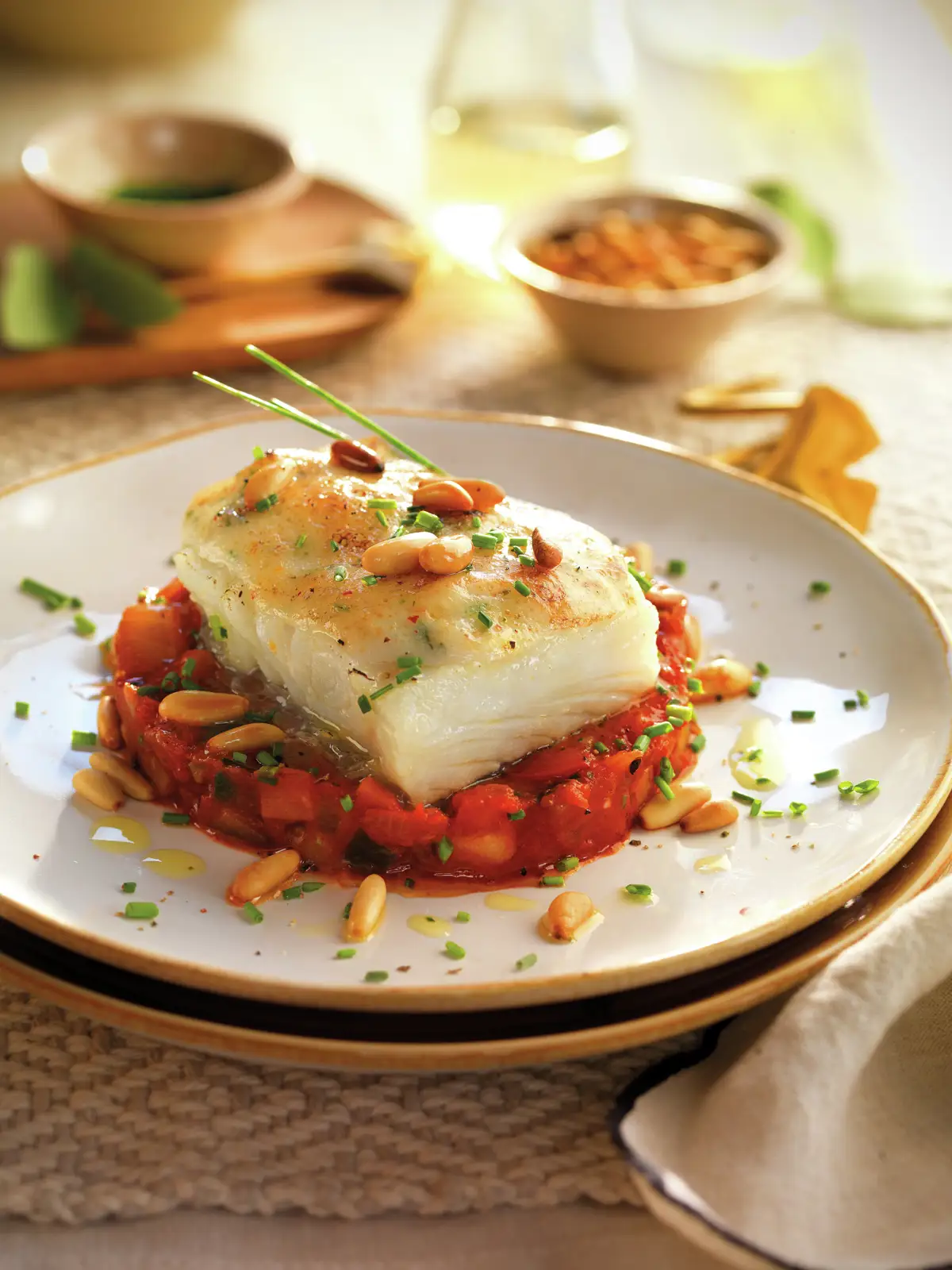 Bacalao con pisto al horno y muselina gratinada