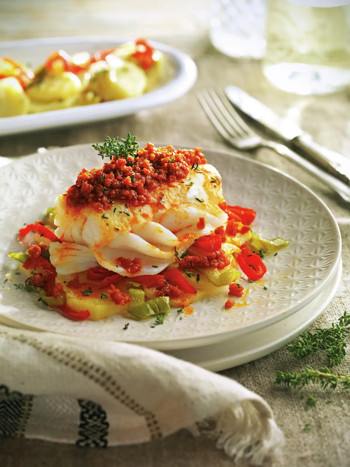 Bacalao confitado con sobrasada, patatas y miel