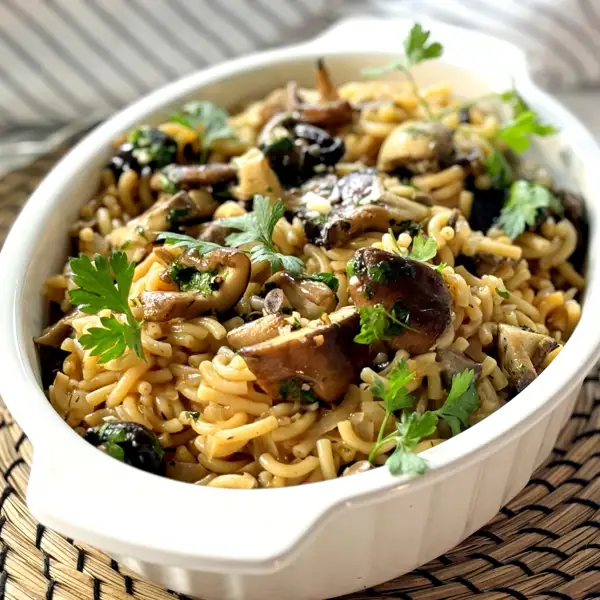 Fideos a la cazuela con setas de otoño, una combinación deliciosa