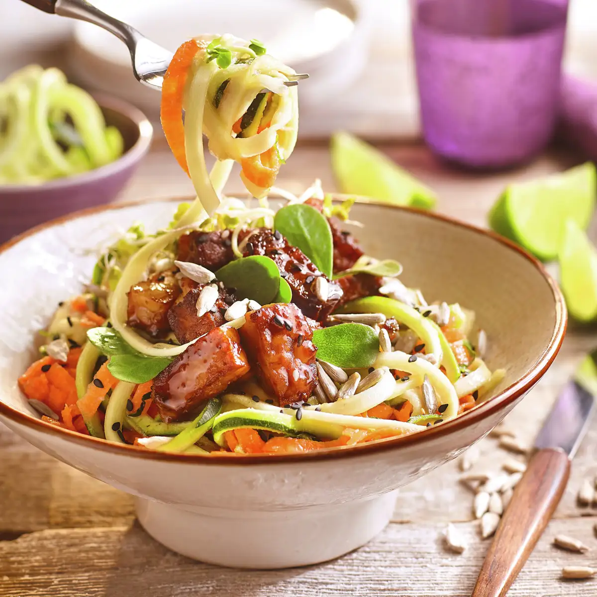 Espaguetis de verduras con tempeh de garbanzos al curry