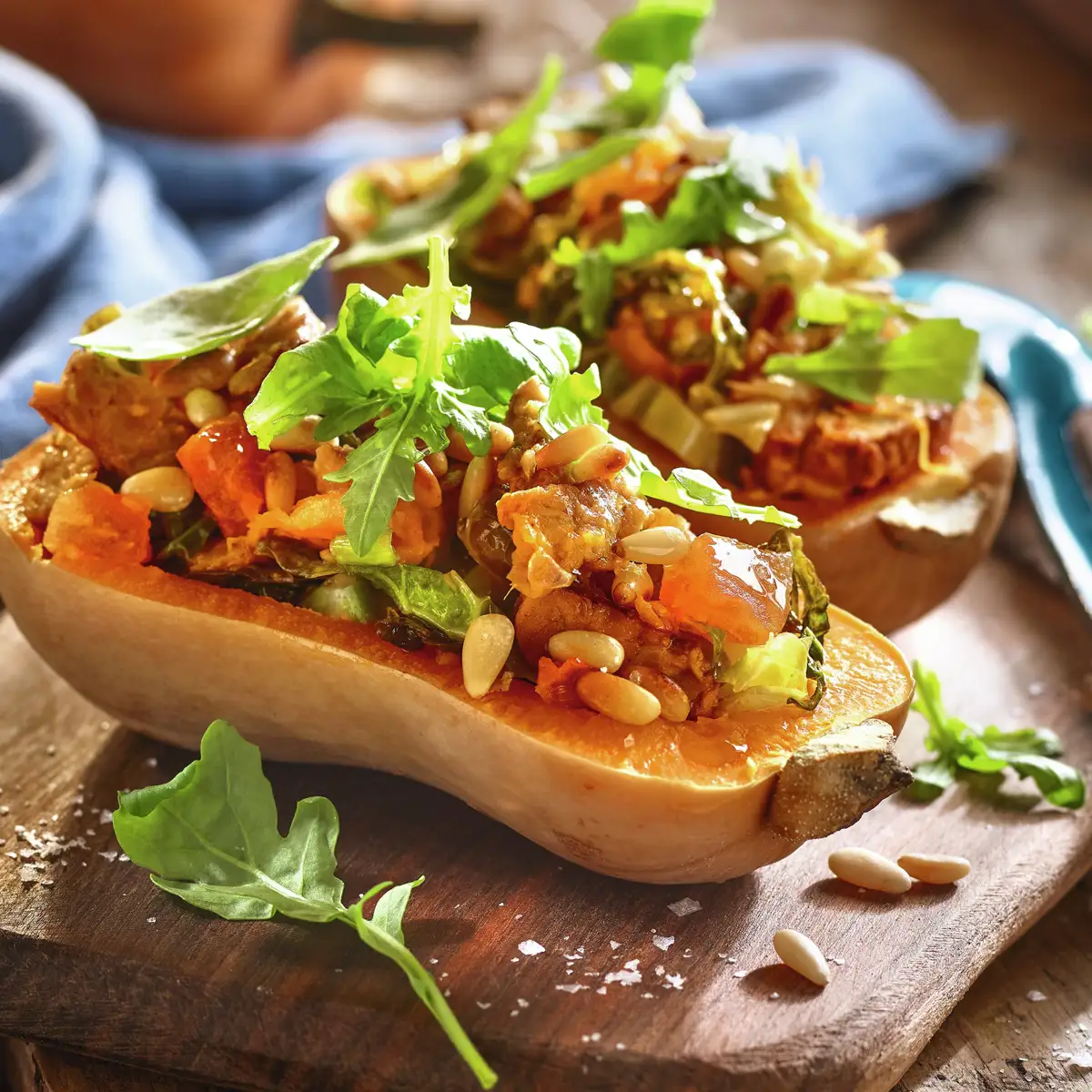 Calabaza rellena de tomate, col y tempeh 