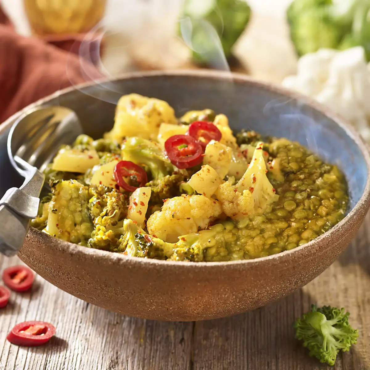 Guisantes partidos con coliflor, brócoli, nabo y especias