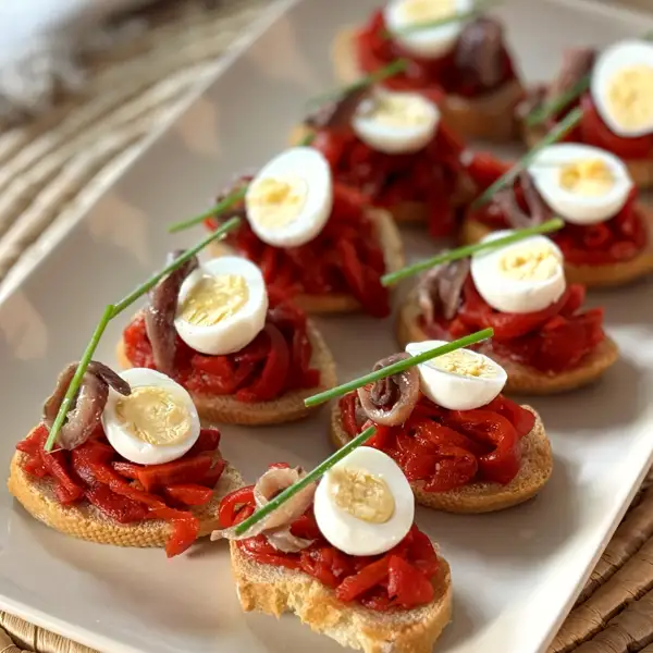 Canapés de pimiento, anchoa y huevo de codorniz, sencillos y vistosos